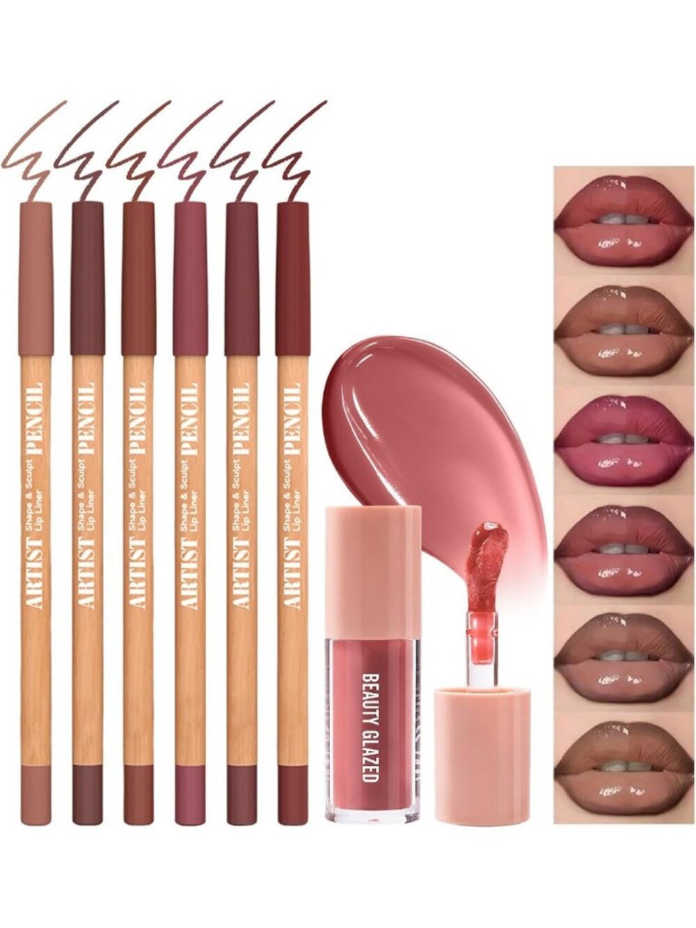 7-Piece Lip Liner & Gloss Set - Define, Plump & Shine for Perfect Lips, #Nude
